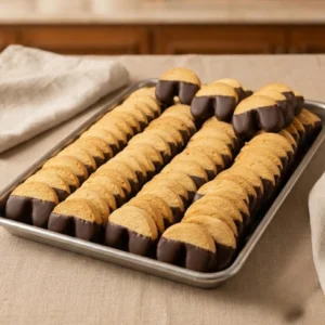 Biscotti al burro e cioccolato allineati su teglia da forno